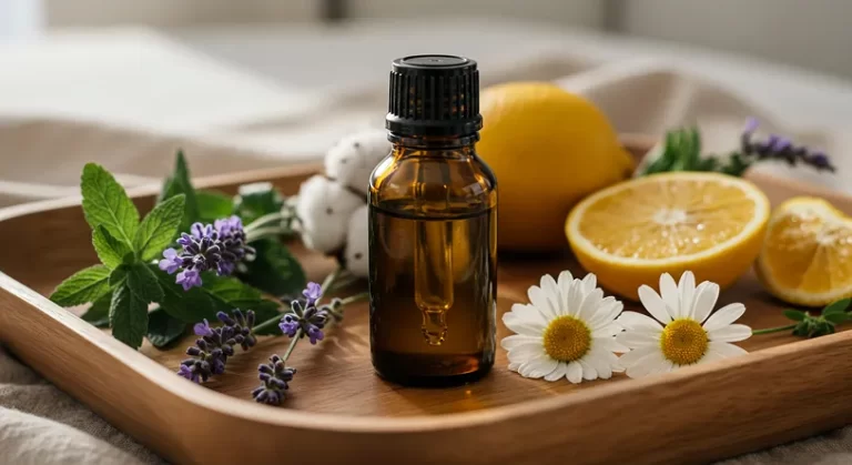 トレイの上に花や果実と一緒に置いたアロマボトル。