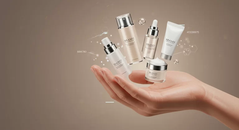 近未来的なスキンケアを表すような手のひらにスキンケアが浮いているデザイン