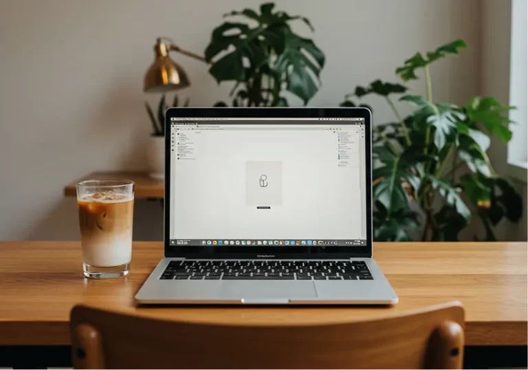 家で仕事をしている、カフェラテとパソコン、観葉植物の画像