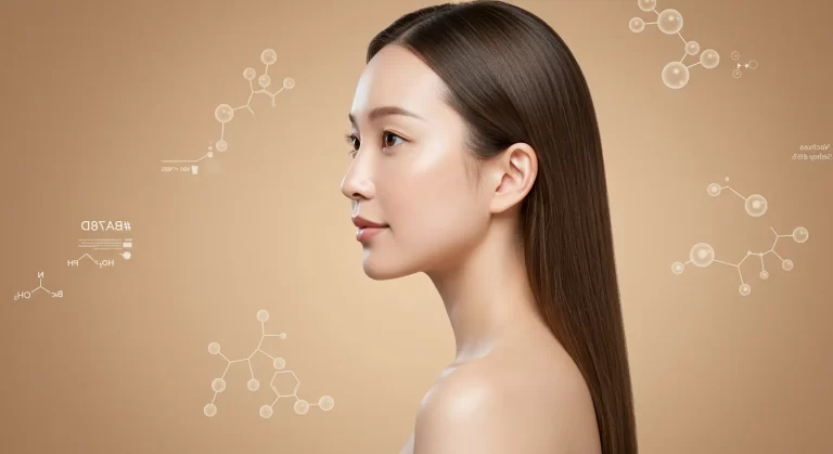 20代女性の横向きの画像。周りには科学的な素材が浮いている。