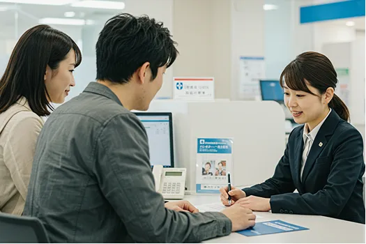 銀行で話す夫婦とスタッフ