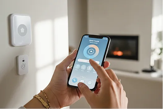 スマート家電をスマートフォンで操作している女性の手とスマートフォン